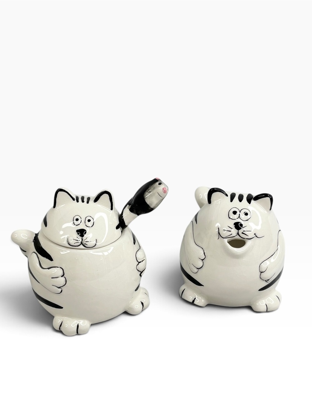 Pier 1  4” Tall Black & White Chubby Cat Cream & Sugar Bowl with Mouse Spoon